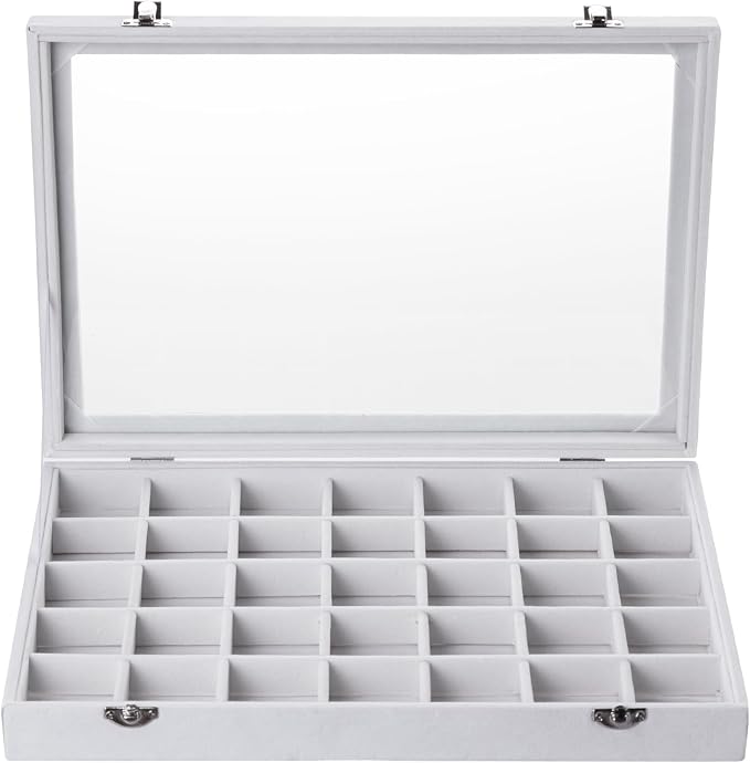 Frebeauty Velvet Jewelry Tray,35 Grid Jewelry Organizer with Clear Lid,Earring Holder Organizer Case with Clasp,Drawer Insert for Rings Studs,13.8 x 9.5 x 2 Inches,Gift for Women Girls(White)