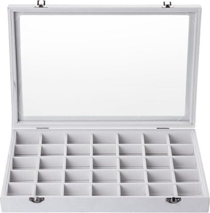 Frebeauty Velvet Jewelry Tray,35 Grid Jewelry Organizer with Clear Lid,Earring Holder Organizer Case with Clasp,Drawer Insert for Rings Studs,13.8 x 9.5 x 2 Inches,Gift for Women Girls(White)