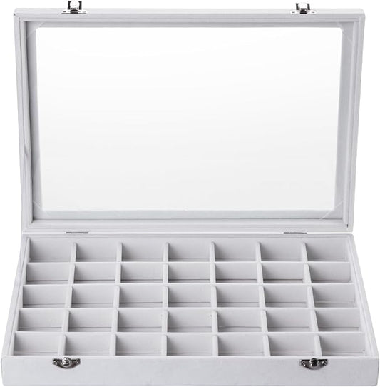 Frebeauty Velvet Jewelry Tray,35 Grid Jewelry Organizer with Clear Lid,Earring Holder Organizer Case with Clasp,Drawer Insert for Rings Studs,13.8 x 9.5 x 2 Inches,Gift for Women Girls(White)