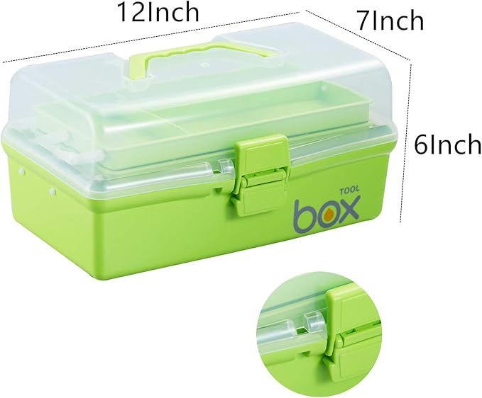 Kinsorcai 2PCS 12'' Three-Layer Clear Plastic Storage Box/Tool Box, Multipurpose Organizer and Portable Handled Storage Case for Art Craft and Cosmetic (Green)