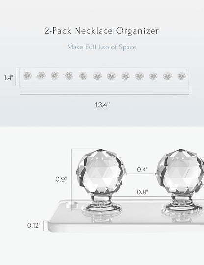 Heesch Necklace Holder, Acrylic Necklace Hanger, Wall Mount Necklace Organizer, Jewelry Hooks for Necklaces, Bracelets, Chains (2-pack Clear)