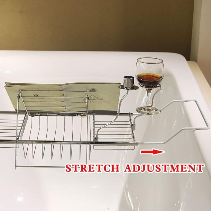 BDL Bathtub Caddy Tray Expandable Bath Tub Table with Wine Holder, Free Soap Dish and Laptop Reading Rack, Bathtub Tray for Home (Silver)