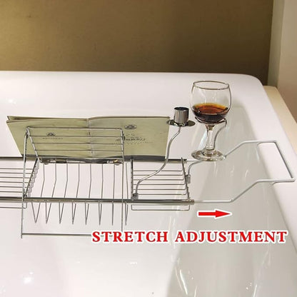 BDL Bathtub Caddy Tray Expandable Bath Tub Table with Wine Holder, Free Soap Dish and Laptop Reading Rack, Bathtub Tray for Home (Silver)