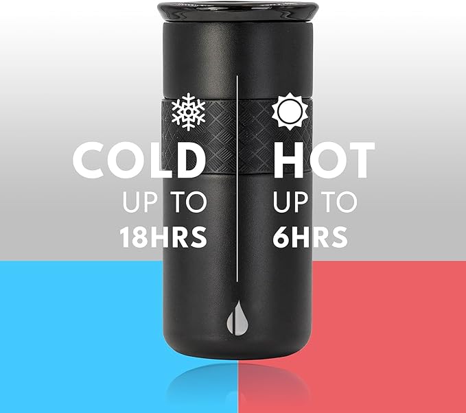 Elemental Artisan Inner Ceramic Coating Tumbler, Triple Wall Coffee Travel Mug, Reusable Stainless Steel Coffee Tumbler with Ceramic Lid for Hot (6 Hrs) & Cold (18 Hrs), 16oz - Black