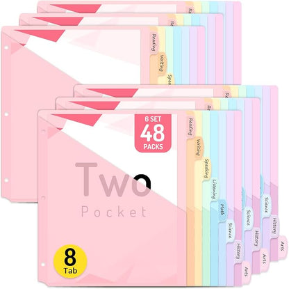 Forvencer 48 Count Binder Dividers with Two Pockets, 8 tab Dividers for 3 Ring Binders Organizer, Binder Divider with Tabs for School Office and Home Organization, Multicolor, 6 Sets