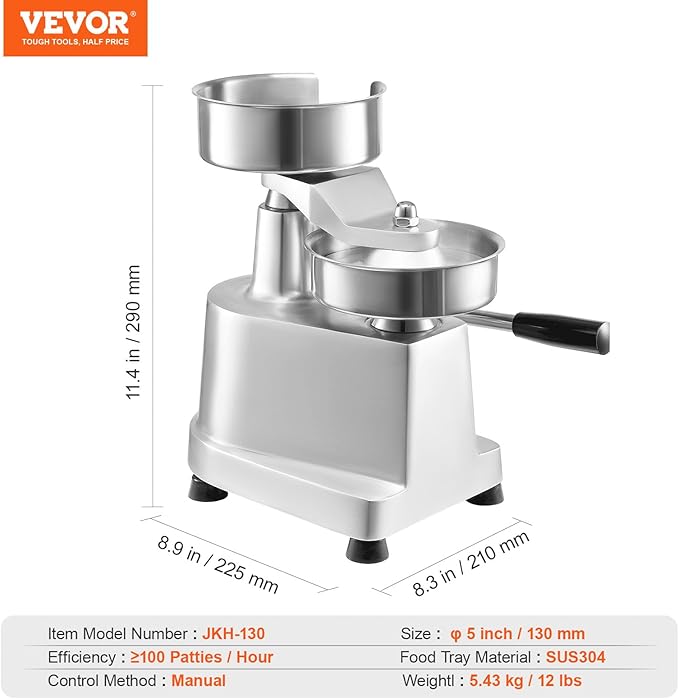 VEVOR Commercial Burger Patty Maker, 130mm/5inch Hamburger Beef Patty Maker, Heavy Duty Food-Grade Stainless Steel Bowl Burger Press Machine, Kitchen Meat Forming Processor with 1000 Pcs Patty Papers