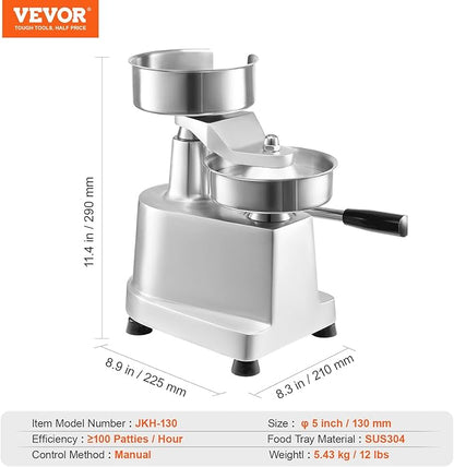 VEVOR Commercial Burger Patty Maker, 130mm/5inch Hamburger Beef Patty Maker, Heavy Duty Food-Grade Stainless Steel Bowl Burger Press Machine, Kitchen Meat Forming Processor with 1000 Pcs Patty Papers