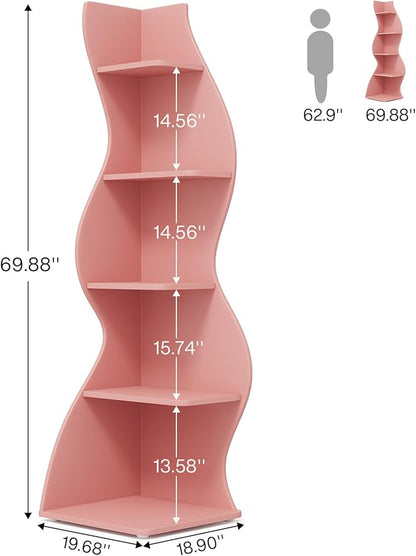 Tribesigns Corner Shelf, Modern 5-Tier Wall Corner Bookshelf, Stylish Corner Small Bookcase Storage Rack Plant Stand with Unique Shape for Living Room, Home Office (Pink, 2PCS)