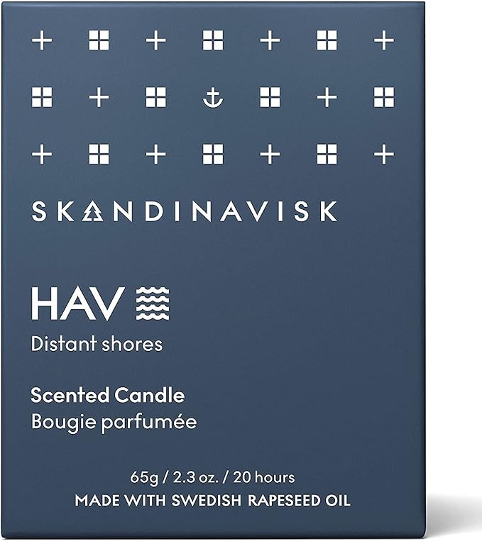Skandinavisk HAV 'Sea' Mini Scented Candle. Fragrance Notes: Salt Spray and Sea Kelp, Hawthorn and Beach Rose. 2.3 oz.