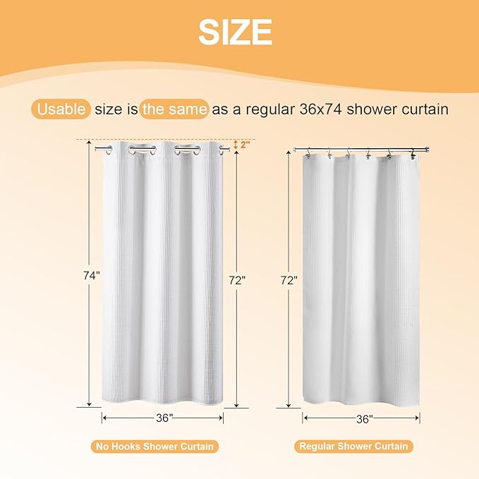 River Dream Stall Cotton Blend No Hooks Needed Shower Curtain with Snap in Liner, Water Repellent, Hotel Grade (White, 36"x74")