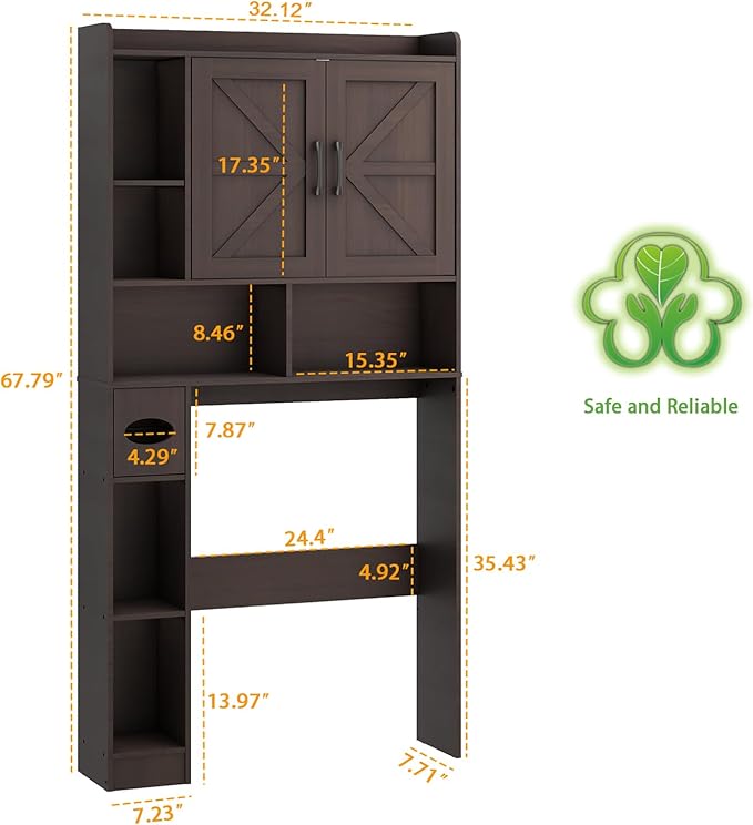 Over The Toilet Storage Cabinet, Farmhouse Storage Cabinet Over Toilet with 2 Barn Door & Toilet Paper Holder Stand, Home Space-Saving Toilet Rack, for Bathroom, Restroom (Black)