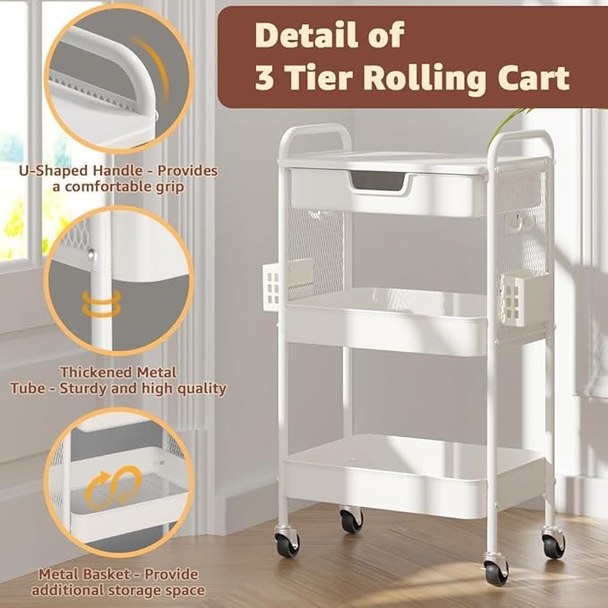 HIDODO 3 Tier Rolling Cart with Drawer, Metal Rolling Utility Cart on Wheels with Pegboard, Art Cart Storage Organizer with Tabletop for Living Room, Office, Bedroom (White)