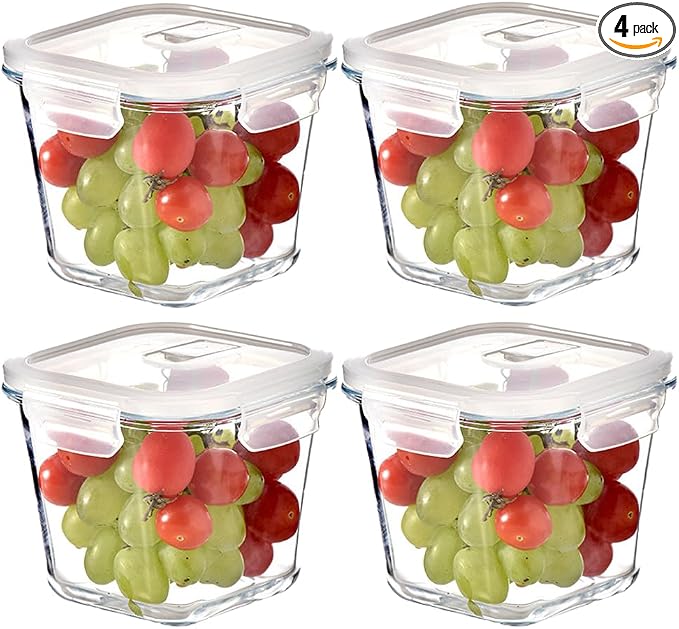 H.JSS WDJS 4 Cup Square Glass Food Storage Container with Lids, Square Glass Soup Container with Airtight Lids, 32 OZ Food Prep Bowls for Leftovers, Salad, Microwave、Fridge、Dishwasher Safe (4 Pack)