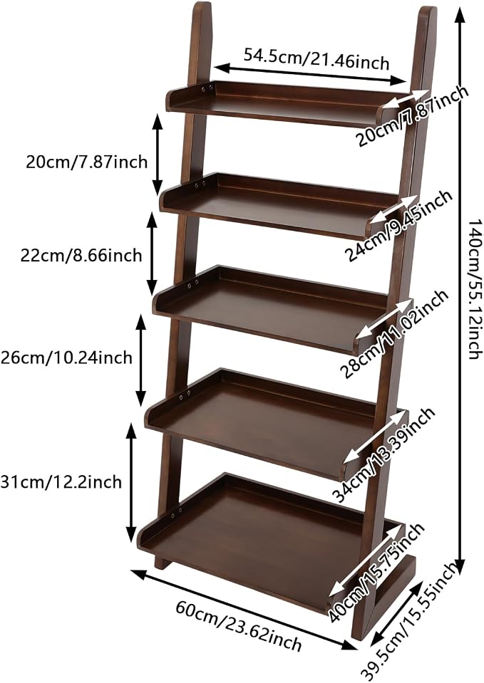 Ladder Bookshelf, 5 Tier Leaning Bookshelf Leaning Ladder Shelf with Stable Structure Rustic Style Ladder Shelves Storage Rack for Living Rooms, Bedrooms, Study Rooms (Walnut-Brown)