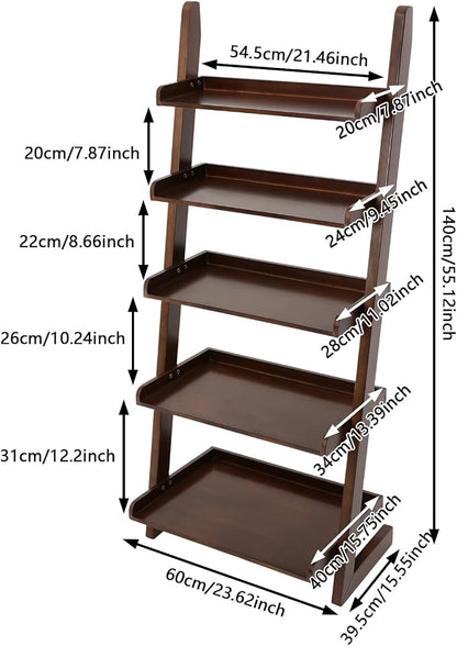 Ladder Bookshelf, 5 Tier Leaning Bookshelf Leaning Ladder Shelf with Stable Structure Rustic Style Ladder Shelves Storage Rack for Living Rooms, Bedrooms, Study Rooms (Walnut-Brown)