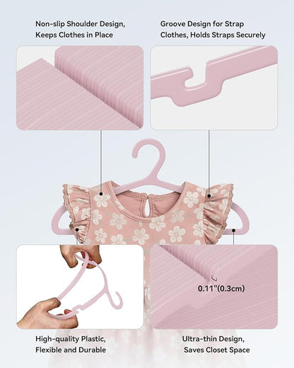Plastic Kids Hangers, Pack of 100, Ultra Slim Closet Hangers, Non-Slip, Space-Saving, Sturdy, 14" W x 7" H (for Children Aged 7-12 Years),Light Pink, UAPY07100P