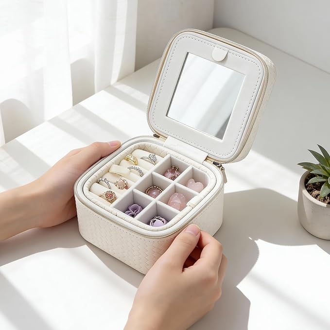 DesignSter Travel Jewelry Case for Woman, Small Travel Jewelry Box with Mirror,4.72×4.72×3.54 inches,Portable Design Travel Jewelry Organizer,Double Headed Zipper