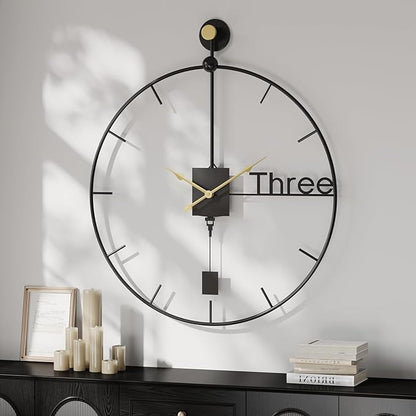 Cuspin Modern Large Wall Clock 24 inch with Pendulum, Battery Operated Silent Non-Ticking Metal Wall Clock for Living Room Decor, Decorative Hanging Clock for Bedroom, Office, Kitchen, Home