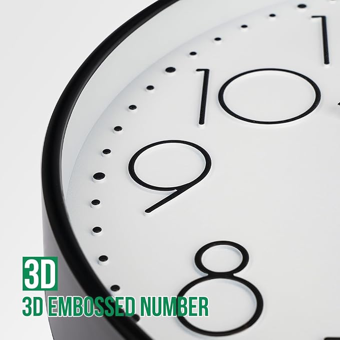 Wall Clock 12 Inch Non-Ticking Silent Modern Simple Style Round Decor Clock Black Stereoscopic Dial Quartz Wall Clocks for Home/Office/School/Living Room/Bedroom/Kitchen