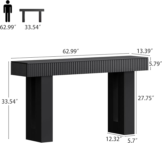 63-Inch Long Entryway Console Table with a Fluted Design, Thick Wood Farmhouse Sofa Table Behind Couch, Narrow Hallway Accent Table for Living Room, Foyer, Entrance, Modern Black
