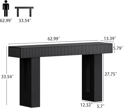 63-Inch Long Entryway Console Table with a Fluted Design, Thick Wood Farmhouse Sofa Table Behind Couch, Narrow Hallway Accent Table for Living Room, Foyer, Entrance, Modern Black