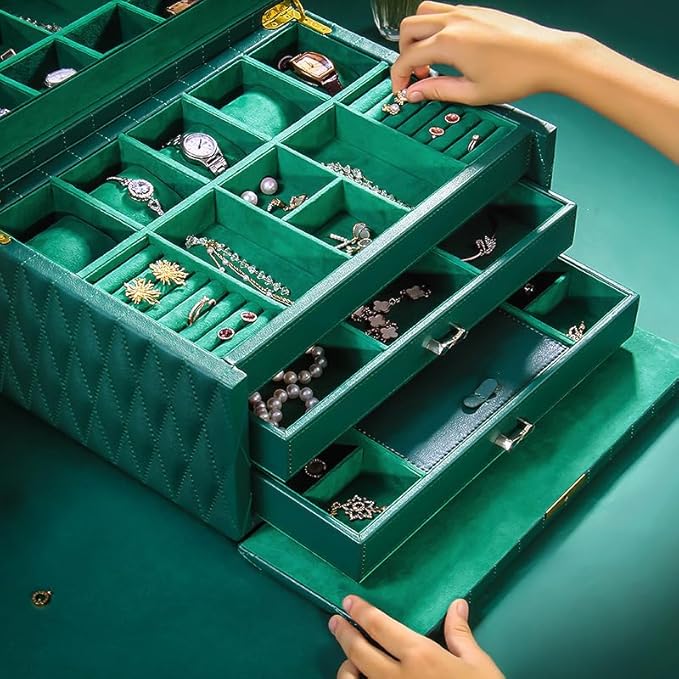 Genuine Leather Jewelry Box – 3 Layer Large Jewelry Organizer with Mirror, Lockable Jewelry Box for Women – Necklace, Ring, Earring Organizer with Drawer - Gifts(Green)
