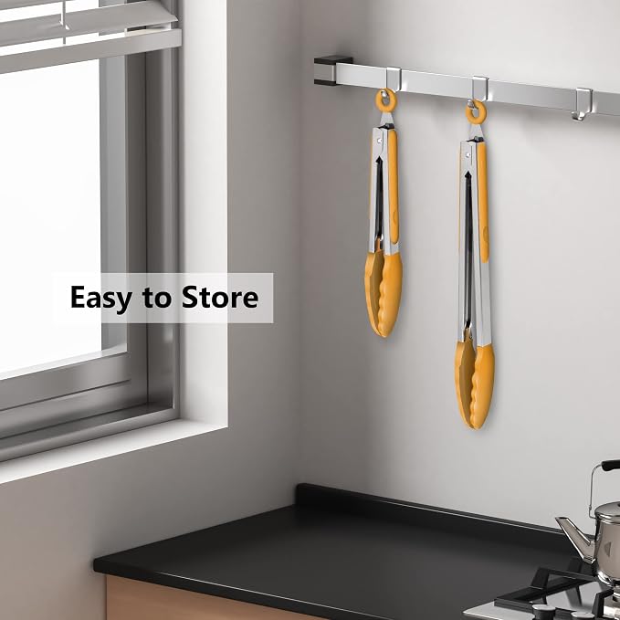 2 Pack Silicone Kitchen Tongs – 9" & 12" Set, Heat Resistant up to 500°F, Non‑Stick Cookware Safe, Wavy Silicone Tips, BPA Free, Locking Clip & Hanging Loop, Orange