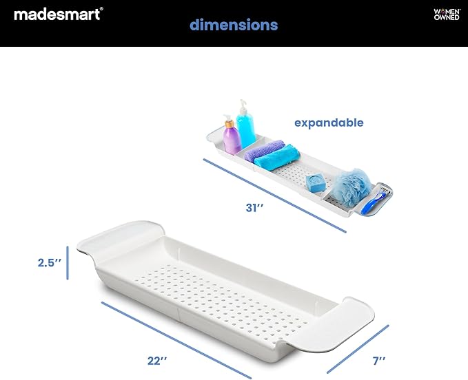 madesmart Expandable Bath Shelf, Adjustable Bathtub Tray for Bath-Night, Holds Glasses, Soaps, Toys & Bath Essentials, Non-Slip Grip, Fits Most Tubs, White