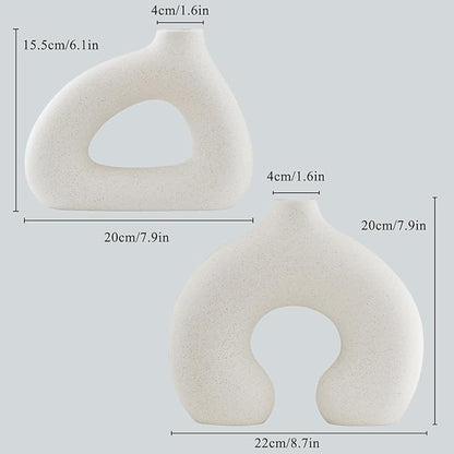 COTYNI White Ceramic Vase Set of 2 for Modern Home Decor, Round Matte Donut Vases for Pampas Grass, Boho Nordic Minimalism Style Modern Flower Vases for Living Room Table Bookshelf Office Bedroom