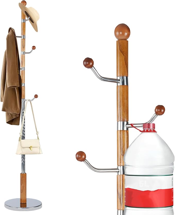 Wooden Coat rack freestanding, Coat racks stand with 6 Hook, Heavy duty coat tree standing Adjustable Heights for Bedroom, Entryway, Hallway, Office, Metal base (Nature)