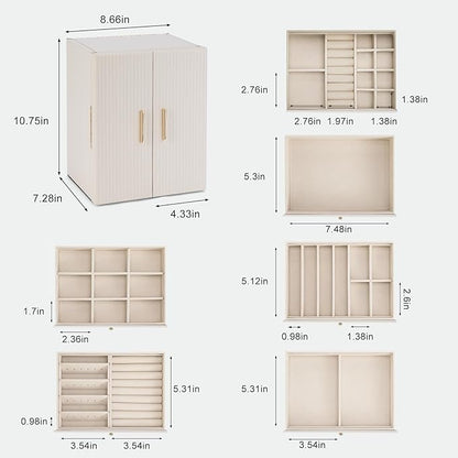 Dajasan Large Jewelry Organizer Box, Jewelry Boxes for Women Girls, 6-Tier Jewelry Storage Organizer with Mirror for Necklace Ring Bracelet Watch, Gift Idea (Beige)