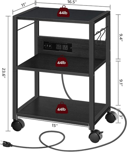 MAHANCRIS Industrial Printer Cart, 3-Tier Mobile Printer Stand, Rolling Cart with Power Outlets and USB Ports, Home Printer Stand with 2 Hooks, for Office, Living Room, Black PTHB40E01