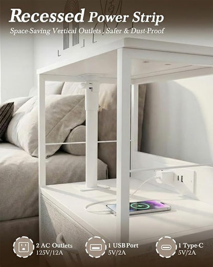 Faesun Swivel Lift Top Nightstand with Charging Station, Rolling Side Table for Recliner, Bedside Table with Wheels & 2 Fabric Drawers, for Small Spaces, for Bedroom, Living Room, White Gray