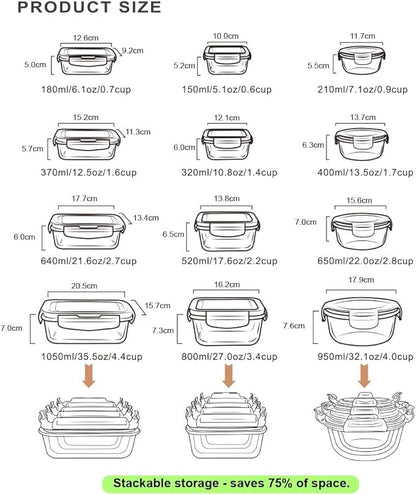 S SALIENT Airtight Meal Prep Containers for Food Storage [24 Piece] Leak Proof, Glass Bento Boxes for Lunch (12 lids & 12 Containers)