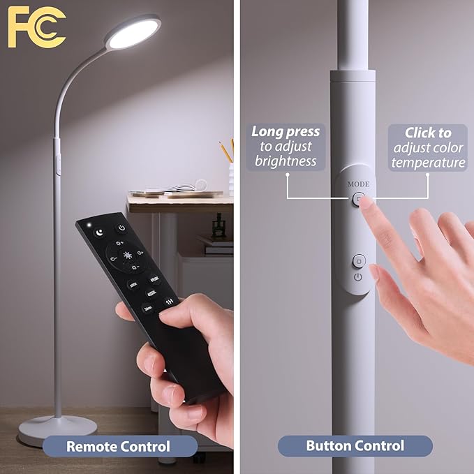 luckystyle White Floor Lamp,Super Bright Dimmable Led Floor Lamps for Living Room, Custom Color Temperature Standing Lamp with Remote Push Button, Adjustable Gooseneck Reading Floor Lamp (LK-1006)