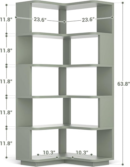 Armocity Corner Book Shelf - 6 Tier Corner Bookshelf Etagere Bookcase with Baffle, Freestanding L Shaped Display Shelf Stand for Home Office, Living Room, Bedroom, Kitchen, Crab Green