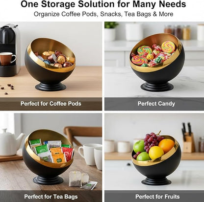 Coffee Pod Holder, Large Capacity Stainless Steel K Cups Holder Organizer Bowl Coffee Capsule Creamer Container Basket, Espresso Pods Storage for Bar Station, Counter (Black Gold)