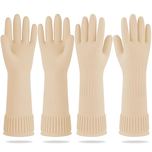 DABOGOSA Mamison 2 Pairs Reusable Waterproof Household Dishwashing Cleaning Rubber Gloves, Non-Slip Kitchen Glove (Ivory, Medium (Pack of 2))