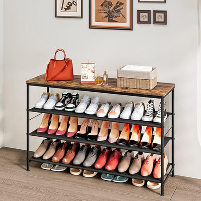 Shoe Rack Organizer 4 Tier Long Metal Organizer Shelf with Industrial MDF Board and Layer Fabric for Entryway Closet Bedroom Living Room Garage,Black & Rustic Brown