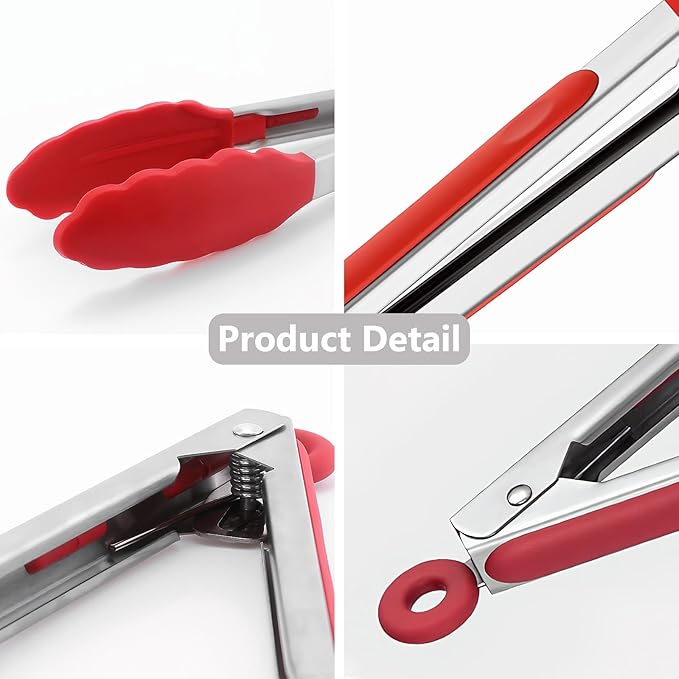 IOCBYHZ Kitchen Tongs for Cooking w Non-Stick Silicone Tips, 600°F Heat Resistant Silicone Cooking Food Tong Set Heavy Duty Stainless Steel Handle for Baking Grilling BBQ Salad Serving, 7" 9" and 12"
