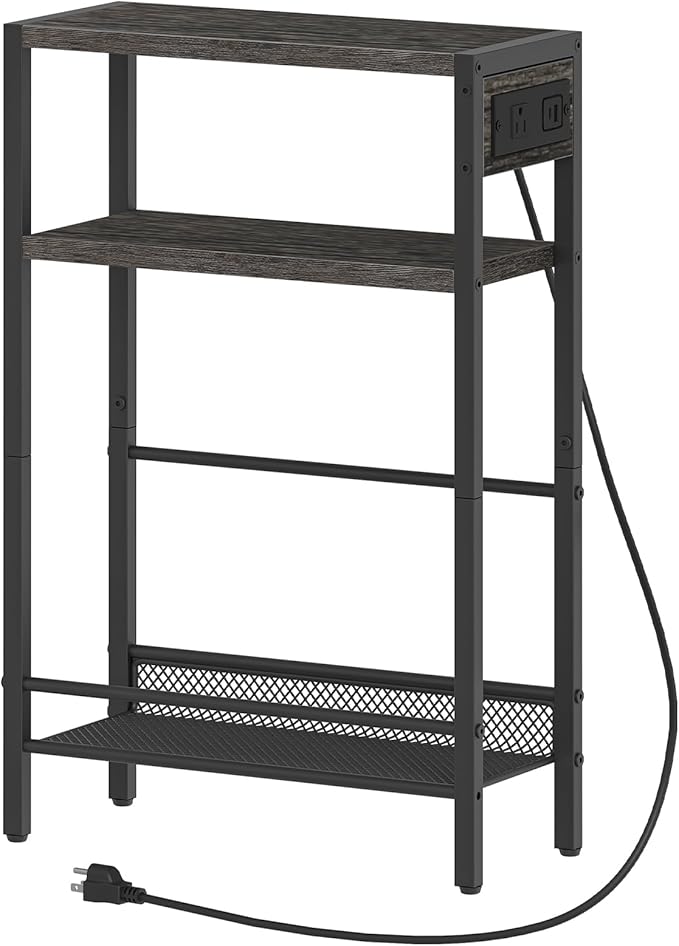 HOOBRO Small Narrow Side Table with Charging Station, Skinny End Table for Small Spaces, Slim Nightstand with USB Ports Outlet, Sofa Beside Table with Storage Shelf,Black and Charcoal Black BC102UBZ01