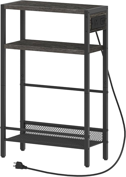 HOOBRO Small Narrow Side Table with Charging Station, Skinny End Table for Small Spaces, Slim Nightstand with USB Ports Outlet, Sofa Beside Table with Storage Shelf,Black and Charcoal Black BC102UBZ01