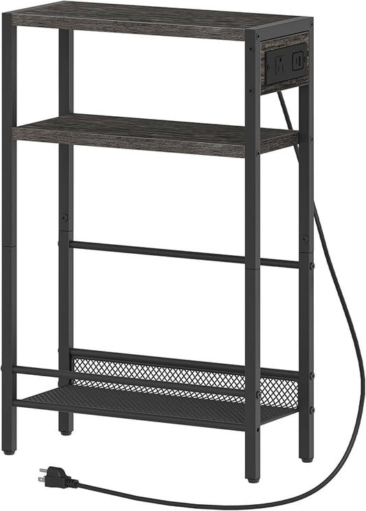 HOOBRO Small Narrow Side Table with Charging Station, Skinny End Table for Small Spaces, Slim Nightstand with USB Ports Outlet, Sofa Beside Table with Storage Shelf,Black and Charcoal Black BC102UBZ01