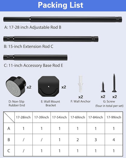 Supforce 2 Pack No Drilling Closet Rods for Hanging Clothes, Non Slip Tension Rod with Heavy Duty Clothes Hanging Rod, 17-69 Inches Adjustable Spring Closet Rod for Closet Wardrobe Bathroom RV, Black