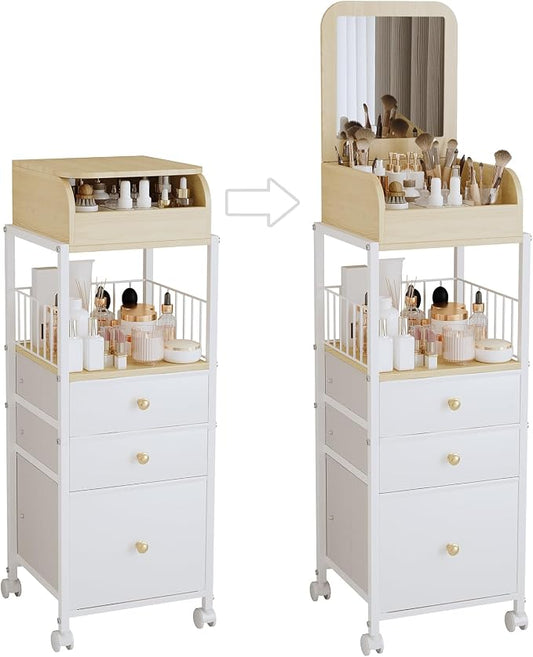 Makeup Organizer Cart with Vanity Mirror, Floor Skincare Organizers Make Up Organizers-Vanity Organizer Cosmetic Display Cases Holder for Skin Care Perfume Nail Polish Brush Hair Tool (White)