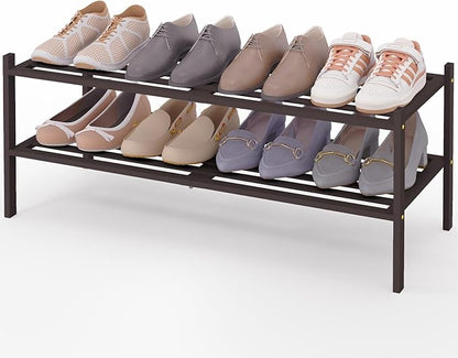 Smiry Long Bamboo Shoe Rack 2-Tier, Stackable Wooden Shoe Organizer for Entryway & Closet, Free Standing Wood Shoe Storage Shelf for Front Door & Small Spaces, Brown