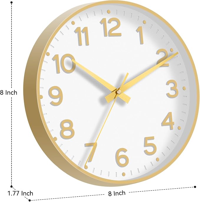 Roymnie Wall Clock, Silent Wall Clocks Battery Operated 8 Inch-Modern Non Ticking Analog Clock Decorative for Kitchen Office Bathroom Bedroom(Gold)
