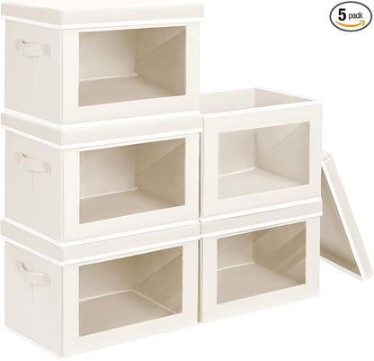 Homsorout Storage Bins with Lids - Medium Storage Box with Lids, Foldable Closet Boxes for Organizing, Stackable Clothes Organizer with Window, Cubes Bins for Living Room, 5 Pack, Beige
