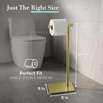 Gatco 1431B Freestanding Toilet Paper Holder Stand, Modern Bathroom Toilet Tissue Holder with Weighted Rectangle Base, Brushed Brass Finish, 22.25 Inch