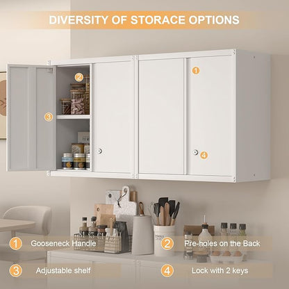 Garage Wall Cabinets,Metal Wall Cabinet for Garage with 2 Doors,Locking Wall Mount Storage Cabinet with Adjustable Shelf for Laundry,Kitchen,Basement
